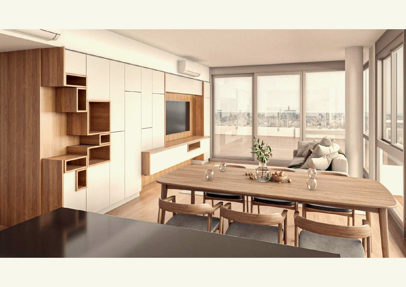 Living estilo escandinavo con sistema modular blanco y rack roble