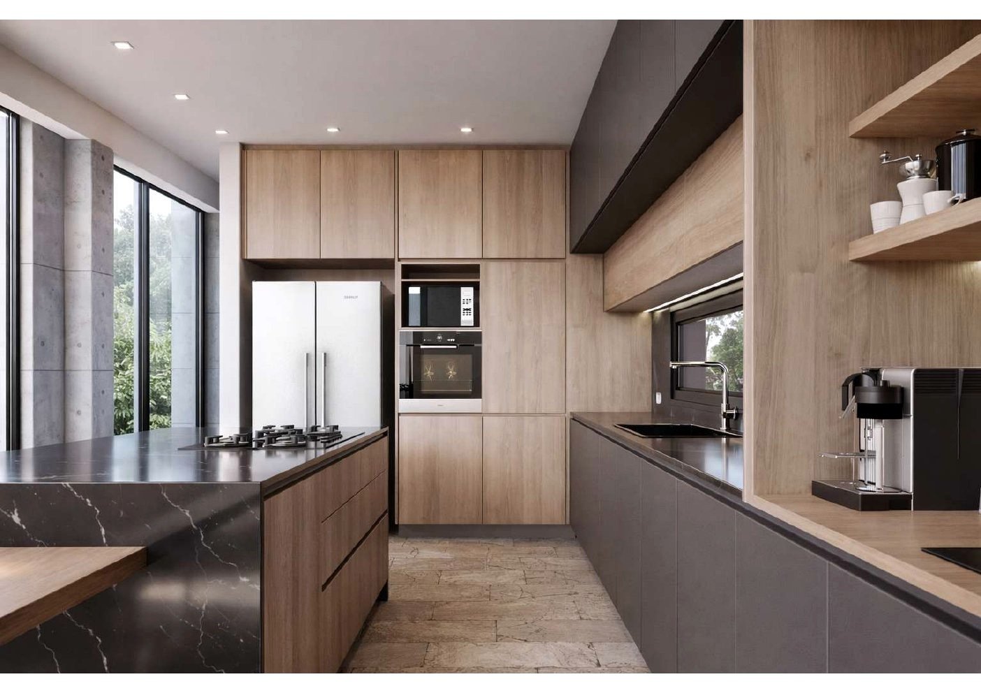 Cocina dark stone con mesada nero marquina y gabinetes en roble natural