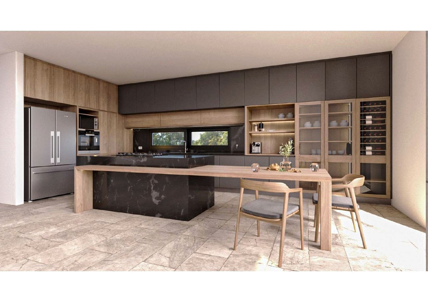 Vista general cocina dark stone con integración de bodeguero