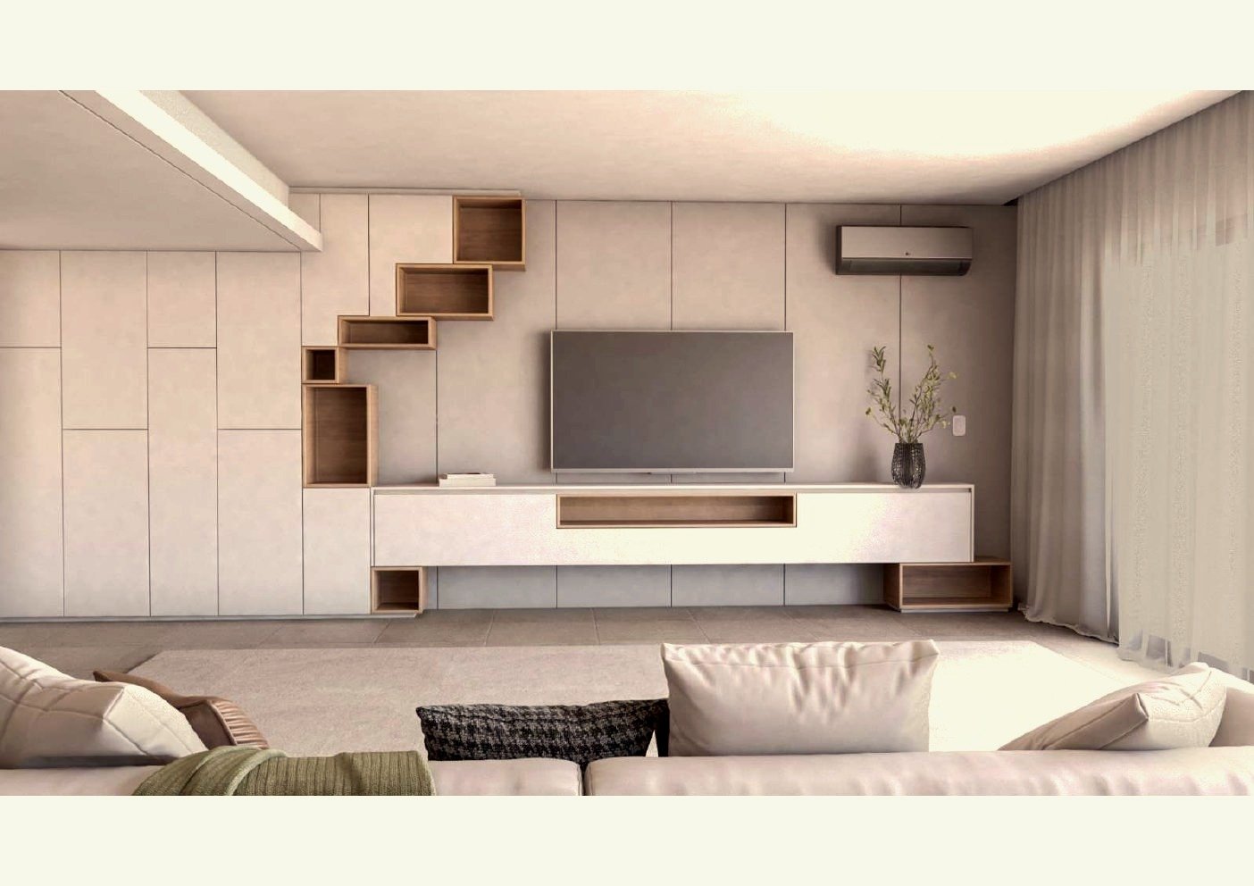 Living minimal con panel mural integral y sistema TV suspendido