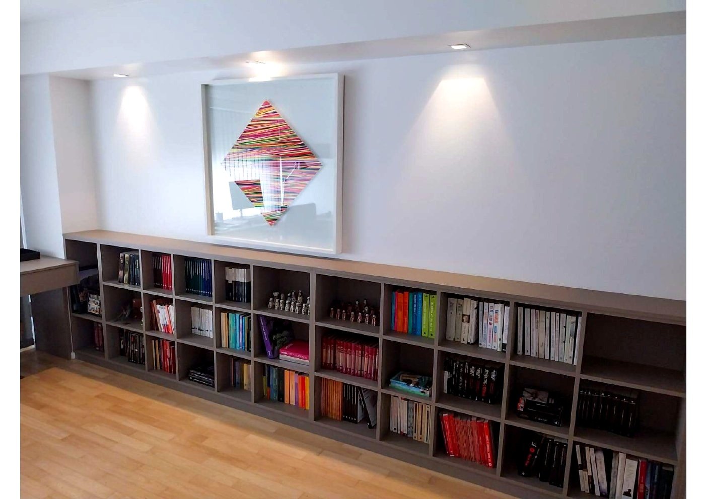 Biblioteca mural en melamina grafito con iluminación de techo
