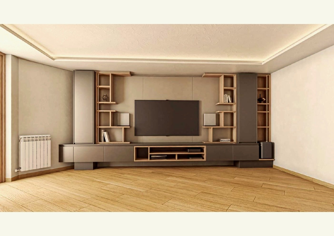Rack TV de pared completo en melamina grafito con insertos roble e iluminación indirecta
