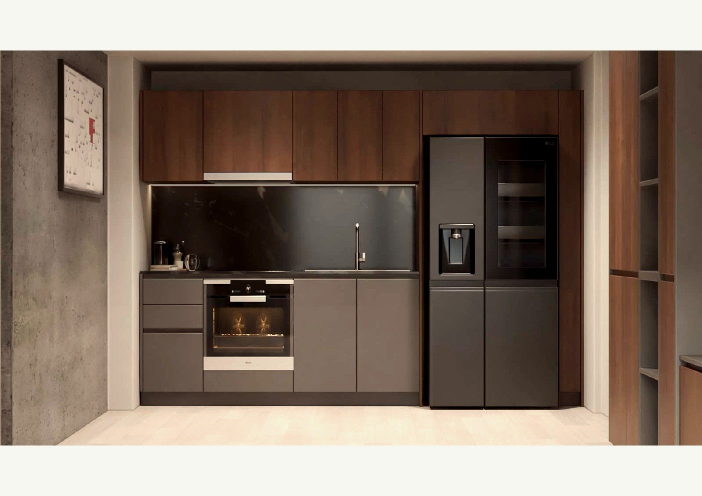 Cocina compacta estudio con melamina nogal y electrodomésticos integrados