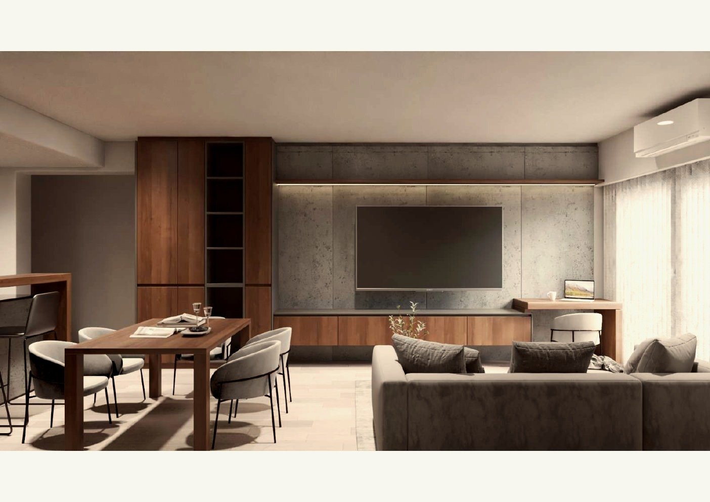 Living comedor con rack TV en microcement y madera nogal