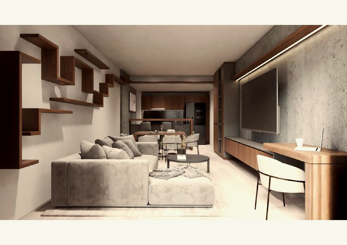 Living con estanterías flotantes de nogal y panel microcement